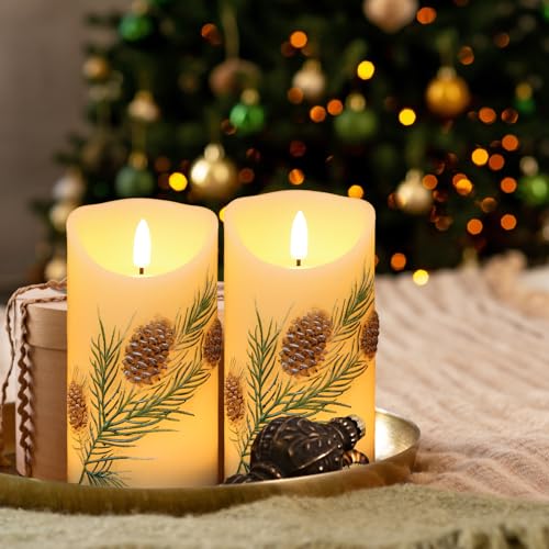 Image of Wondise Flameless Candles with Timer, Battery Operated Flickering 3D Wick Real Wax Pine Cone Candles for Christmas Holiday Indoor Decoration, Set of 2, Ivory(D3 x H5.7 Inch)