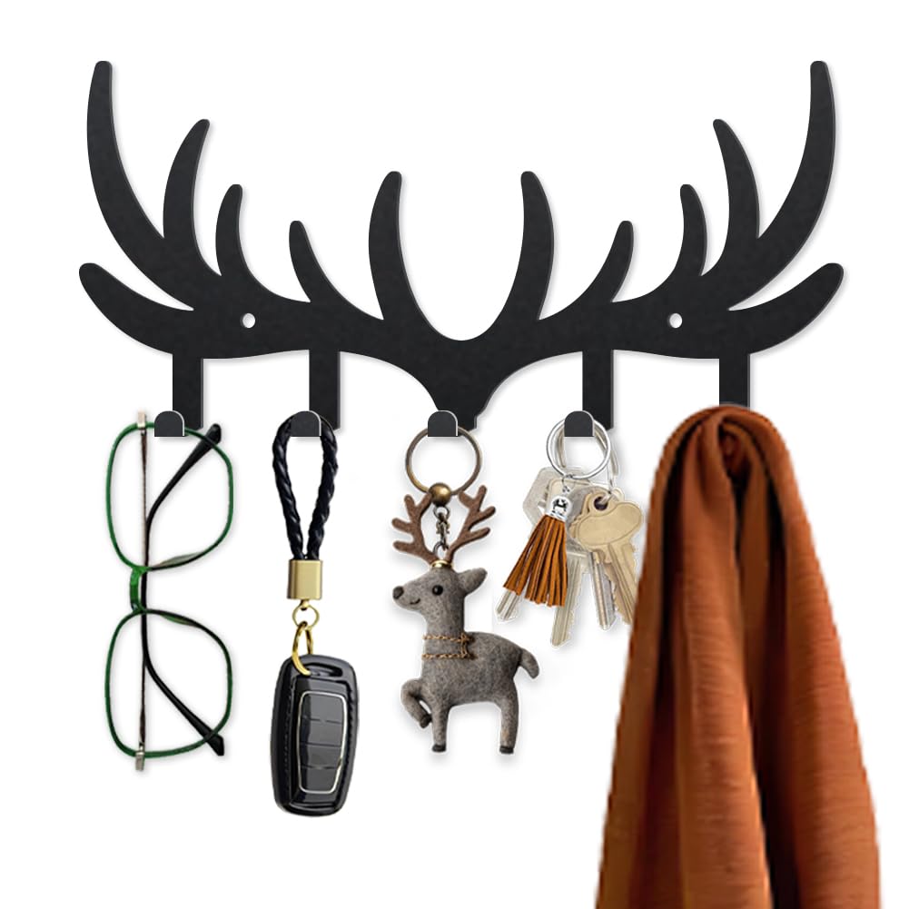 MAYJOYDIY Deer Antler Metal Key Hooks 4.7×9.8 Inch Black Wall Mounted Hook Hangers Animal Key Holder for Wall with 5 Hooks Doorway Decorative Hook for