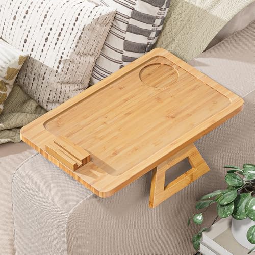 Bamboo Sofa Tray,Couch Arm Table, Clip-On Armrest Tray Table for Wide Couch Foldable Tray with 360°...