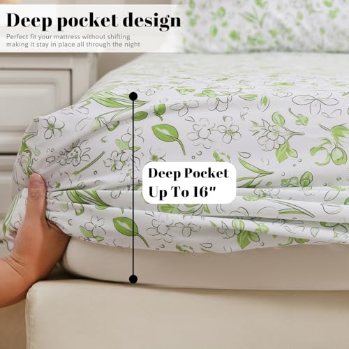 Bedlifes King Sheet Set Ultra Soft, Breathable, Silky Flower Deep Pocket 100% Microfiber Bedding, 4 Piece King Size Green Floral