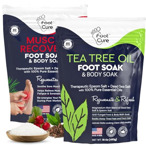 Image of FOOT CURE Tea Tree Oil & Muscle Foot Soak with Epsom Salts - All-Natural Salts for Post-Workout Recovery - Softens Calluses, Soothes Sore & Tired Feet, Foot Odor Control, Spa Pedicure (Pack of 2)