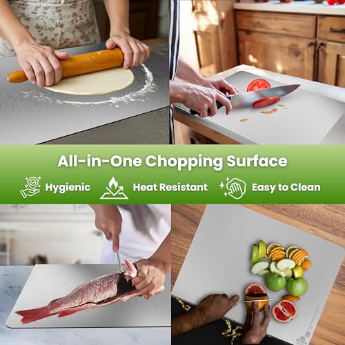 Image of Arteora - Premium 304 Stainless Steel Countertop Chopping Board for Kitchen | Free Rolling Pin | Food Grade Steel |, Odor-Free | Vegetable Cutting Board | Reversible | (Silver, 41x29 cm | XL)