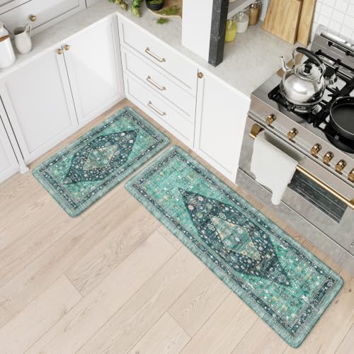 Collive Boho Teal Kitchen Rugs Sets of 2, Washable Kitchen Mats for Floor - image 7