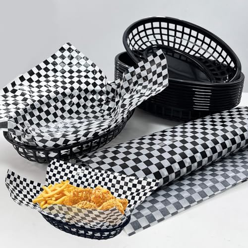 Rainmae Retro Style Plastic Food Baskets with Wax Paper Liners 20 Fast Food Baskets with 200 Deli Paper Sheets Bread Chicken Burgers Sandwiches Fries