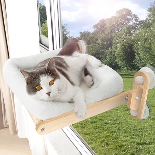 NUNU LAB Cat Window Perch, Cat Hammock for Window W/4 Strong Suction Cups, Sturdy Solid Wooden Frame and Soft Dual Purpose Cover, Beds for Indoor