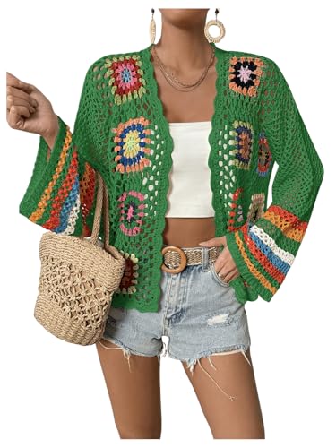 Image of SHENHE Women's Floral Crochet Cardigan Hollow Out Open Front Long Sleeve Cardigan Sweater
