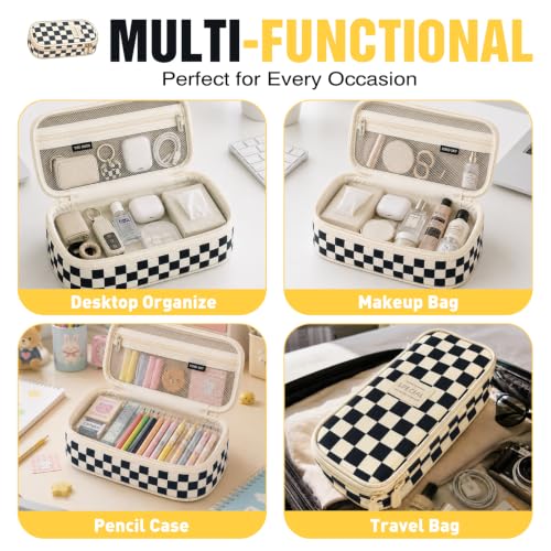 Image of Pencil Case, Large Capacity Aesthetic Pencil Cases with Durable Zipper, Big Stationery Pencil Pouch for Women & Men , Adults Portable Storage Organizer Bag for College, Office, Travel (Black Grid)
