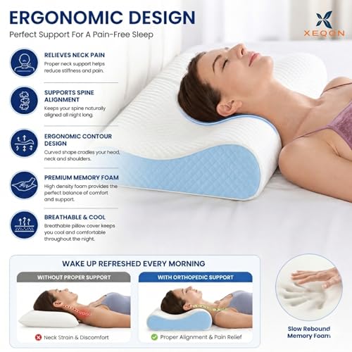 Image of Memory Foam Cervical Pillow for Neck Pain Relief Ergonomic Contour Design for Back & Side Sleepers Breathable Washable Cover Neck Support Sleeping Pillow (Sky Blue)