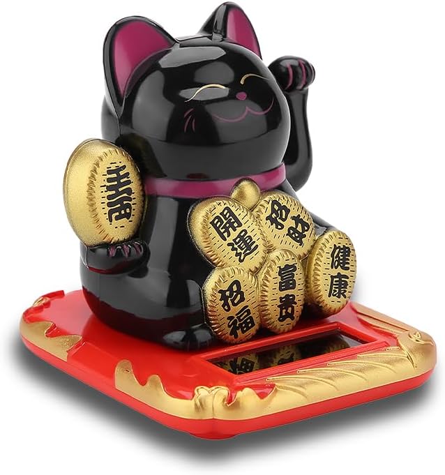 Joyzan Lucky Cat Waving Arm, Maneki Neko Solar Feng Shui Fortune Beckoning Statue Decorations Cute Chinese Japanese Wealth Good Luck Restaurant Living Room Decorating Front Desk Car Home Office
