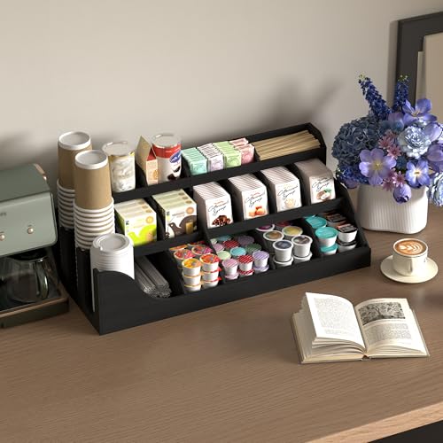 Image of Suli Exact Large Coffee Station Organizer,Wooden Countertop Pods Holder with Drawer for Condiment Syrup Tea Cups for Lobbies,Breakroom,Office,Rustic Bar Decor for Accessories Organizer,3 Tiers -Black