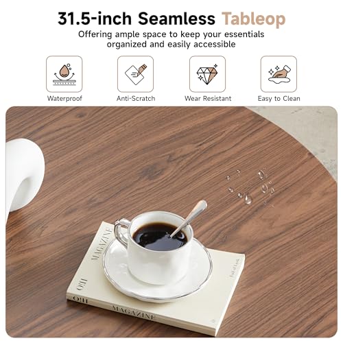 Image of 31.5 inch Round Coffee Table, Modern Fluted Accent Center Table with Metal Frame, Wooden Circle Coffee Tables for Living Room Small Space or Office (Walnut)