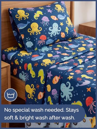 Image of Kids Twin Sea Creatures Bed Sheets - 3 Piece Kids Sea Creatures Sheet Set | Sea Creatures Themed Bedding, Ultra-Soft, Cute & Cozy, Breathable & Machine Washable, Bed Set for Boys, Girls & Teens, Comfy