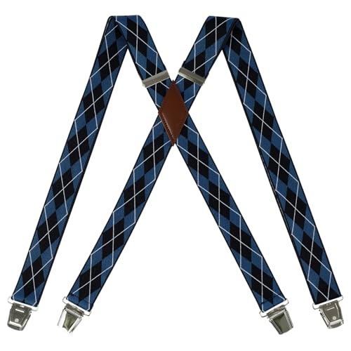 PAPA LEGGENDA X-Back Suspender for Men with 4 Swivel Hooks, 1.4 Inch Wide Adjustable Elastic Braces for Casual&Fomal,Blue Stripe