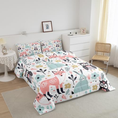 Image of Feelyou Fox Rabbit Owl Comforter Set King Size, Cartoon Fox Comforter for Kids Toddler Cute Rabbit Comforter Set Tropical Kawaii Animal Duvet Set Durable Quilt Set