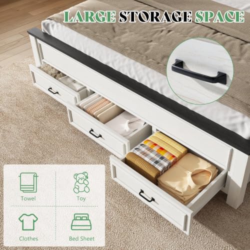 Image of AMERLIFE King Size Farmhouse Bed Frame with 52.2 inch Tall Panel Headboard & Footboard, Storage Platform Bed with Spacious Drawers, No Box Spring Required, Rustic White