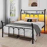 Rolanstar Twin Bed Frame with USB Charging Station, LED Bed Frame with Storage Headboard, Black Metal Platform Bed with Sleigh Headboard and Footboard, No Box Spring Needed, Noise Free