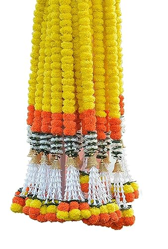 Image of Tia Crafts Artificial Marigold Handmade Fluffy Flower Toran for Main Door Entrance Decoration with Jasmine & Bell for Home, Pooja Room, Festival, Diwali, Ganpati, Wedding Decor Yellow | Set of 2