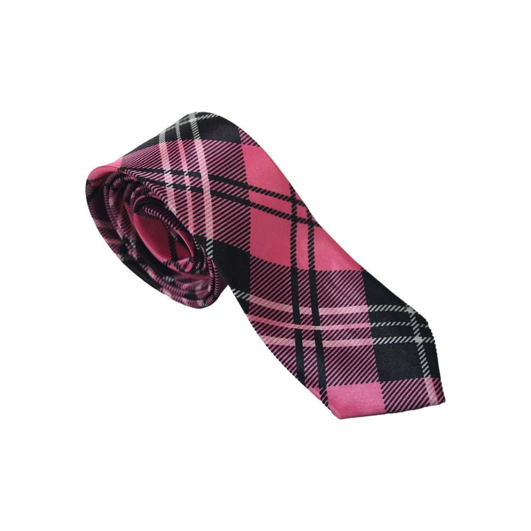 FNA FASHIONS® Mens Classic Slim Skinny Satin Tie Adult Wedding Fancy Party Solid Plain Necktie (Pink Tartan, One Size)