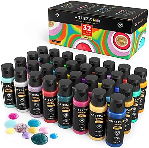 Arteza Tempera Washable Paint for Kids, Set of 32, 2.03oz/60ml Bottles, Poster Paint for Painting, Craft Projects, Sponge Painting & Finger Painting, Includes Neon, Glitter & Glow-in-The-Dark
