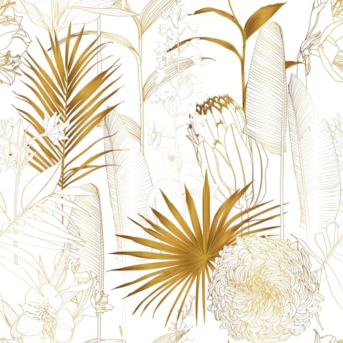 Gold/White Chrysanthemum Floral Peel and Stick Wallpaper - Tropical Palm