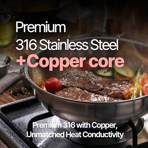 Image of 10.2 Inch Skillet Frying Pan 316 Stainless Steel Copper core 5-Ply Induction compatible Dishwasher & Oven Safe