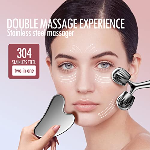 Rolo de massagem facial de contorno 3D, kit de ferramentas de massagem Gua Sha de metal, rolo de bel