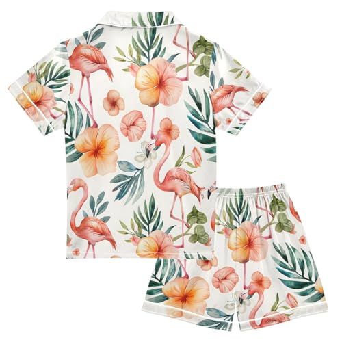 ALAZA Watercolor Flamingo Bird Palm Leaf Blossom Pajamas Satin Pajama Set Short Sleeve Button Down Sleepwear2