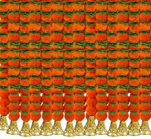 Image of Bindian Artificial Marigold Flower Toran 2.5 Ft Orange with Leaf & Bells | Decorative Bandanwar for Diwali, Pooja, Wedding, Festival, Home Entrance & Wall Decoration (Pack of 10)