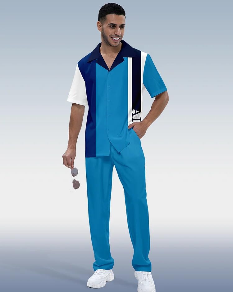 Men's printed short sleeved shirt long pants two-piece set button lining top loose pants summer beach vacation set4