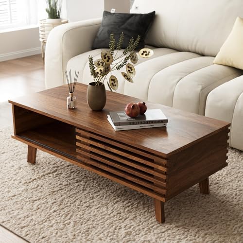 Mid Century Coffee Table with Storage & Sliding Fence Door, Moder...