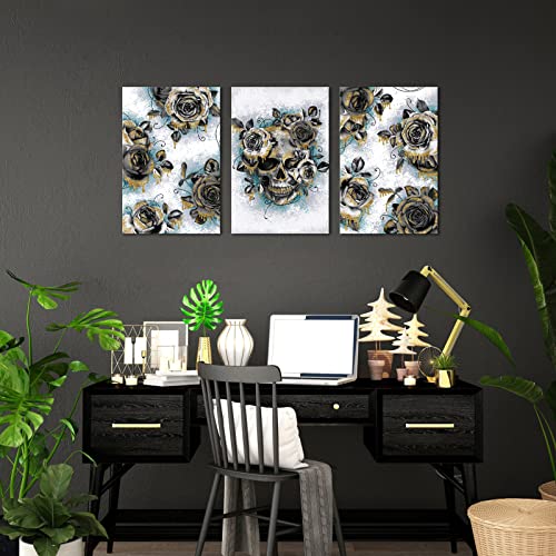3 Piece Skull Canvas Wall Art Suger Skull With Rose Flower Painting Artwork Skeleton Prints Picture Gothic Wall Decor For Living Room Bedroom Framed Ready To Hang 16X24X3Pcs #TOP1