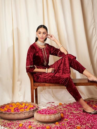 Image of Women's Velvet Floral Embroidered Straight Kurta | Round Neck Three-Quarter Sleeve Calf Length Kurti with Thread Work