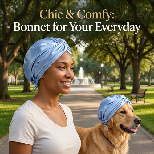 Image of Adjustable Silk Satin Bonnet for Sleeping Hair Wrap, Double Layer Sleep Cap, Night Turban for Large Long Curly Braid Women Men Hair - Aqua Sky Blue