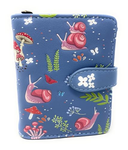 Shag Wear Snail and Mushroom Forest Small Insect Wallet for Women and Teen Girls Vegan Faux Leather Blue/Grey 4.5