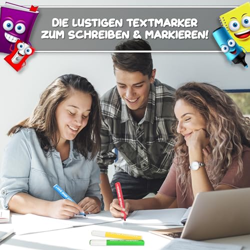 MACH MAL PAUSE® 8x Lustige Textmarker - das frech bunte Marker Set zum lernen u. markieren ist das Geschenk für Studenten Schüler Lehrer u. Kollegen - die Highlighter Stifte für Schule Uni Büro