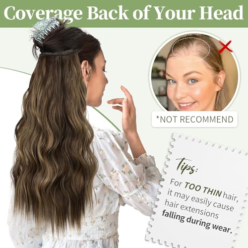 KooKaStyle Invisible Wire Hair Extensions with Transparent Headband Adjustable Size 4 Secure Clips Long Wavy Highlight Synthetic Hairpieces 20 Inch Balayage Chocolate Brown to Caramel Blonde for Women