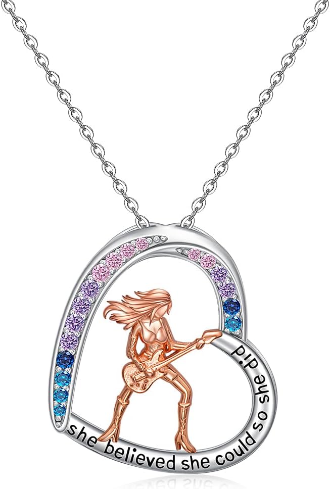 Guitar Pick Necklace Sterling Silver Guitar Music Necklace for Women Heart Pendant Jewelry Musical Art Music Gifts for Women Daughter