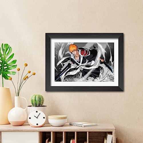 Image of TenorArts Ichigo Bankai Poster Bleach Anime Posters Laminated Photo Frame Painting with Matt Finish Black Textures (12inches x 9inches)