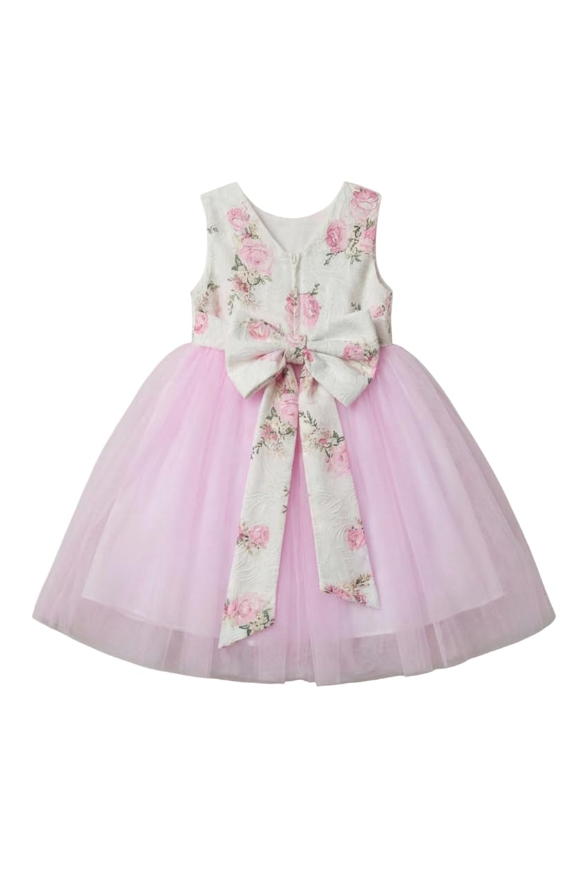 SIRRI Abito da Cerimonia Rosa in Tulle Floreale per Bambina con Dettagli a Petali e Fiocco sul Retro.