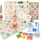 PARVULI Alfombra de Juego para Bebé Plegable Reversible XPE 120x120cm + 40 Tarjetas Estimulación Visual - Antideslizante, Impermeable, Doble Cara Diseño Bosque - Regalo Ideal Recién Nacido 0-3 Años