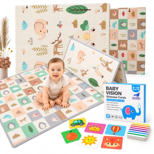 Parvuli Alfombra De Juego Para Bebé Plegable Reversible Xpe 120x120cm 40 Tarjetas Estimulación Visual - Antideslizante, Impermeable, Doble Cara Diseño Bosque - Regalo Ideal Recién Nacido 0-3 Años