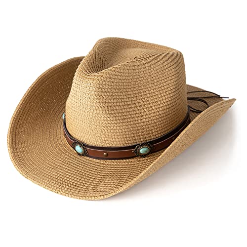 Lisianthus Straw Cowboy Hat for Women & Men Western Cowgirl Hat with Wide Brim Turquoise-Khaki