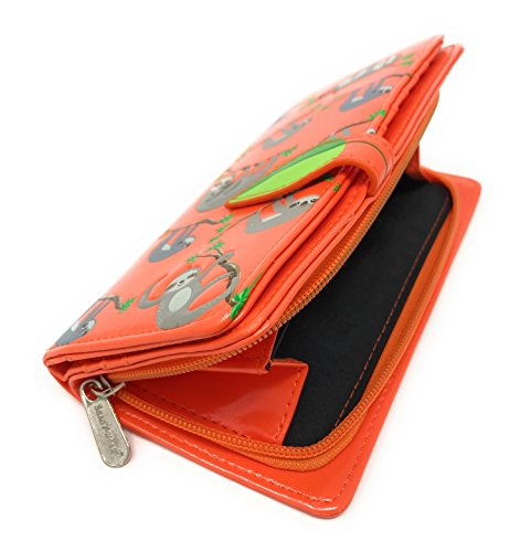 Shag Wear Sloth Large Animal Wallet for Women and Teen Girls Vegan Faux Leather Orange 7"3