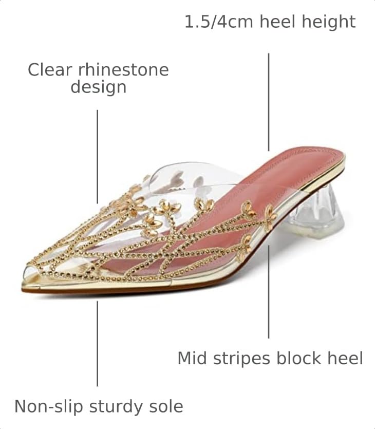 Image of AUMOTED Women's Clear Mule Sandals Pointed Toe Slingback Heels Rhinestone Heels Pumps Wedding Shoes