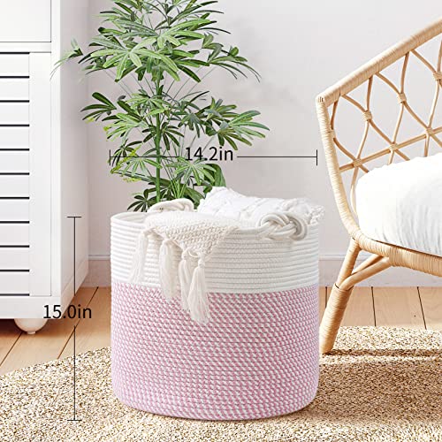Goodpick Cotton Rope Basket With Handle For Baby Laundry Basket Toy Storage Blanket Storage Nursery Basket Soft Storage Bins Baby Gift Basket Woven Basket, 15'' × 15'' × 14.2'', Pink #TOP2