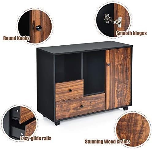 COSTWAY Mobile File Cabinet, Lateral Stationery Storage Cabinet Chest, Home Office Rolling Printer Stand Side Filing Cupboard Document Organiser Unit (Black+Brown, 2 Drawers+2 Compartments+1 Door)