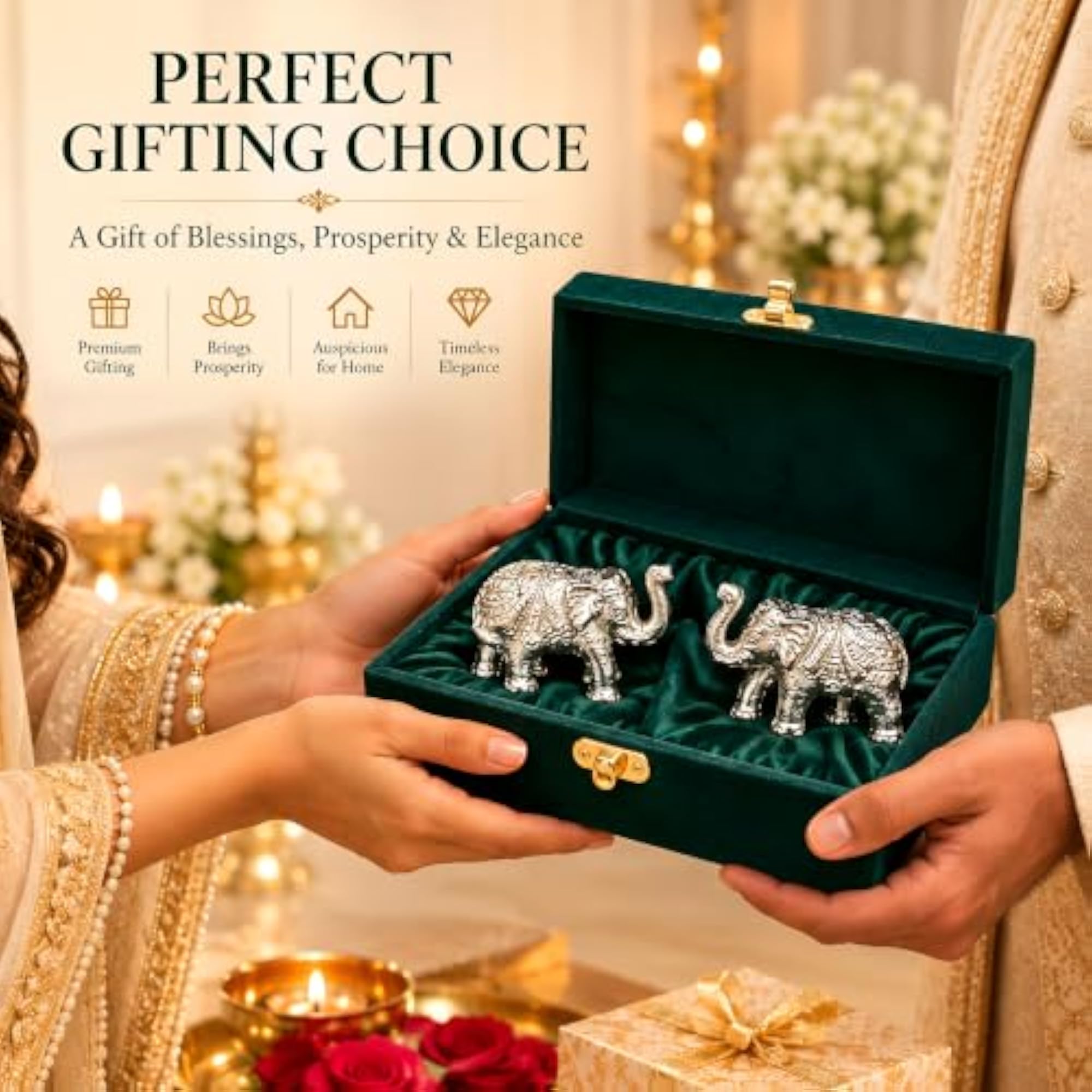 German Silver Elephant Pair Showpiece Gift Box Set