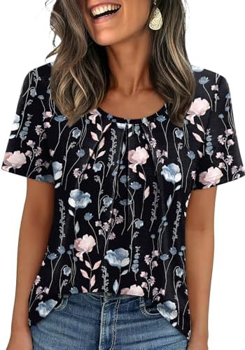 WIHOLL Blouses for Women Dressy Casual Summer Scoop Neck Trendy Tops 2026 Short Sleeve Business Work Office Tshirts Shirts Black Floral Print XL