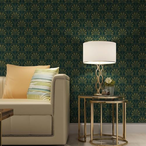 Image of Veki Luxury Floral & Botanical Geometric Wallpaper Mural - Waterproof, Moisture-Proof, Self-Adhesive PVC Wall Sticker for Home & Hotel Decoration (45cm x 300cm) (Green Gold Leaf)