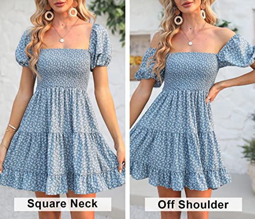 Image of Veatzaer Women's Puff Sleeve Square Neck Smocked Babydoll Dress Boho Floral Print Off Shoulder Ruffle Mini Short Dress